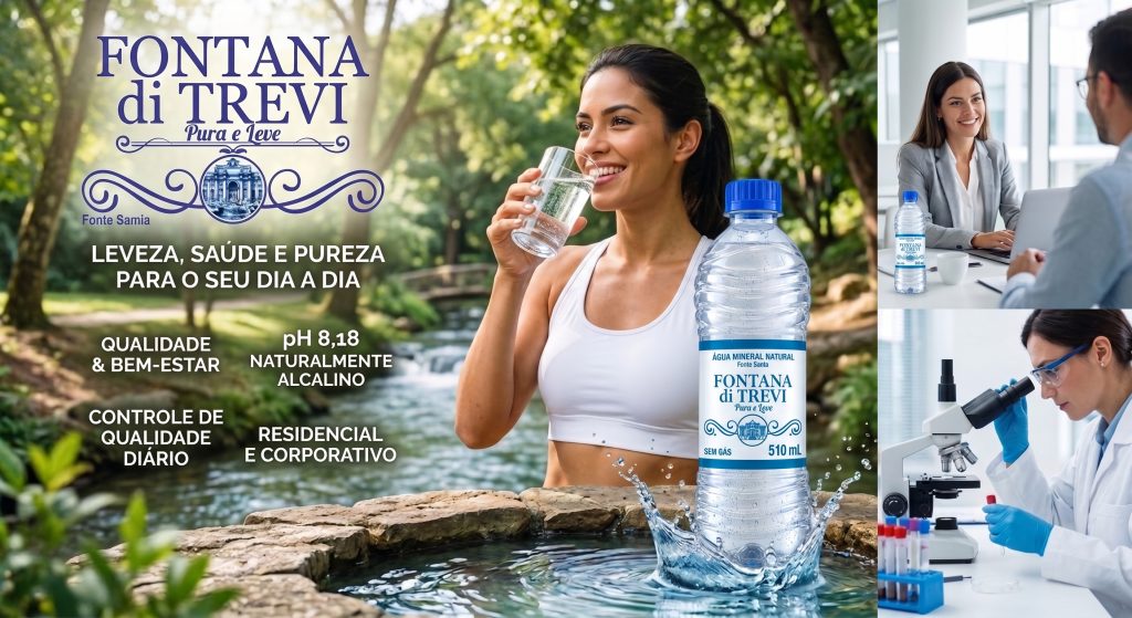 Composição publicitária da Fontana di Trevi com garrafa de 510 mL, hidratação ao ar livre e cenas ilustrativas de atendimento empresarial e laboratório.