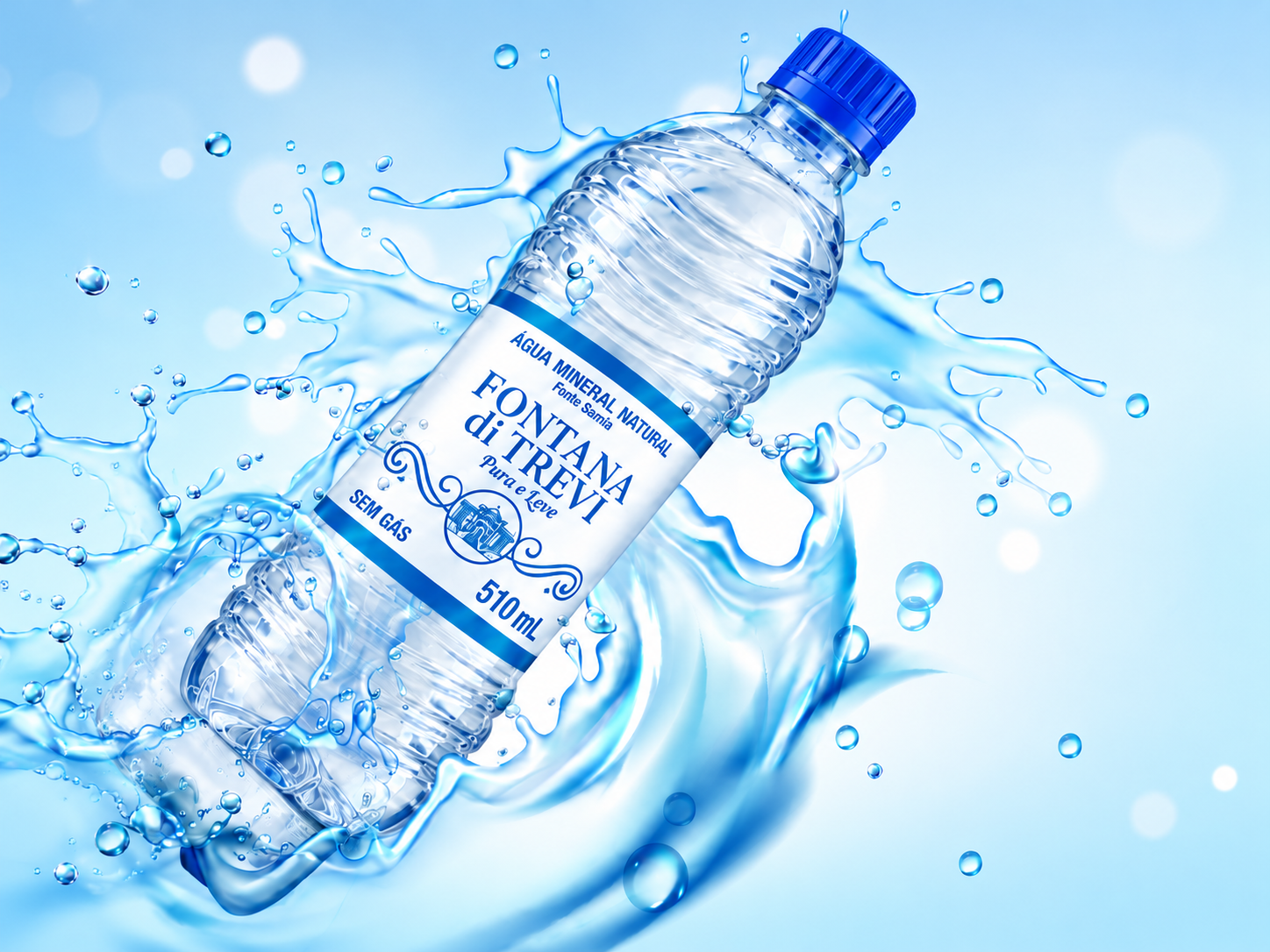 Garrafa Fontana di Trevi 510 mL com rótulo branco entre respingos de água
